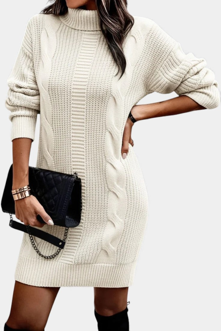 Priska | Strickkleid Mini mit Rollkragen und Zopfmuster Damen Langarm