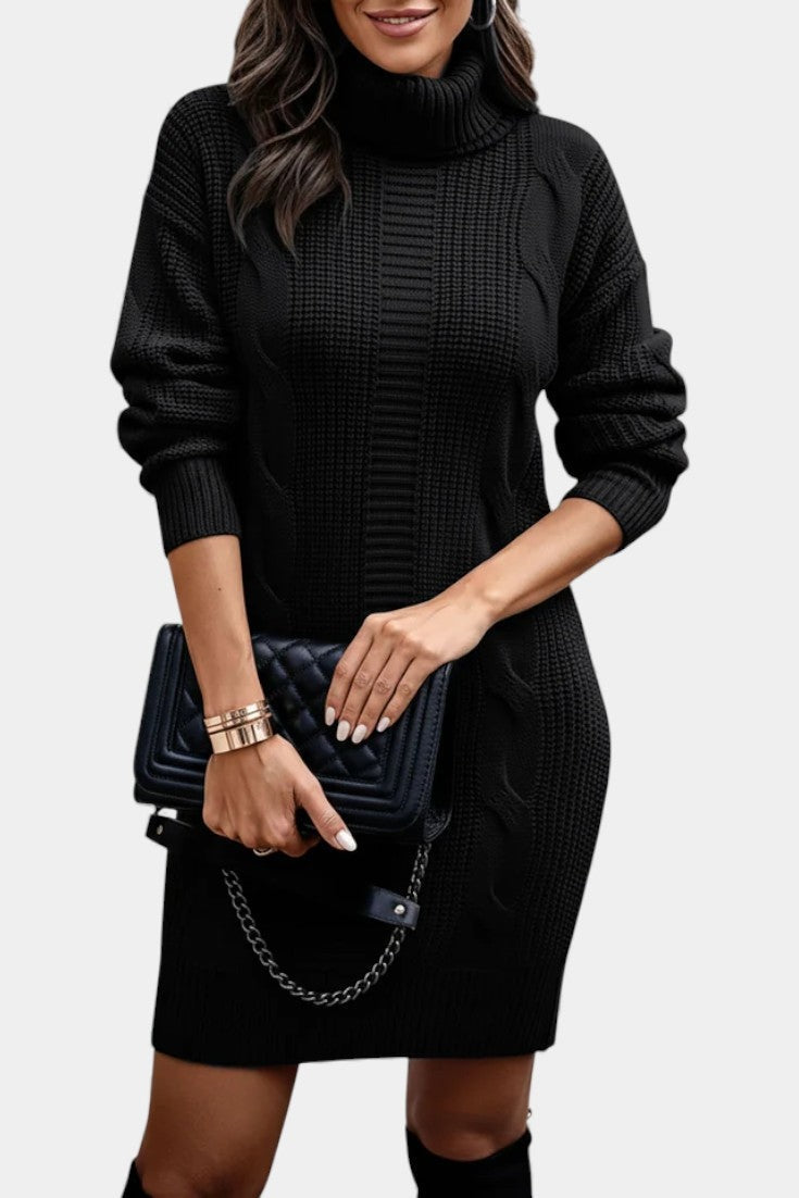 Priska | Strickkleid Mini mit Rollkragen und Zopfmuster Damen Langarm
