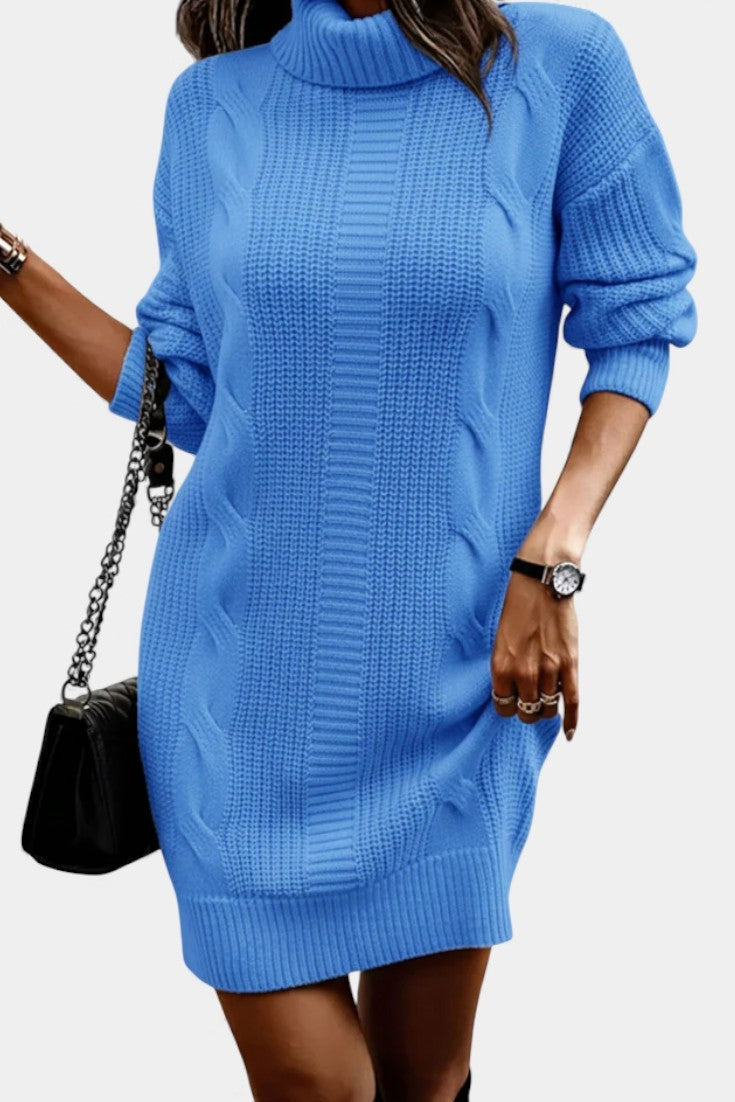 Priska | Strickkleid Mini mit Rollkragen und Zopfmuster Damen Langarm