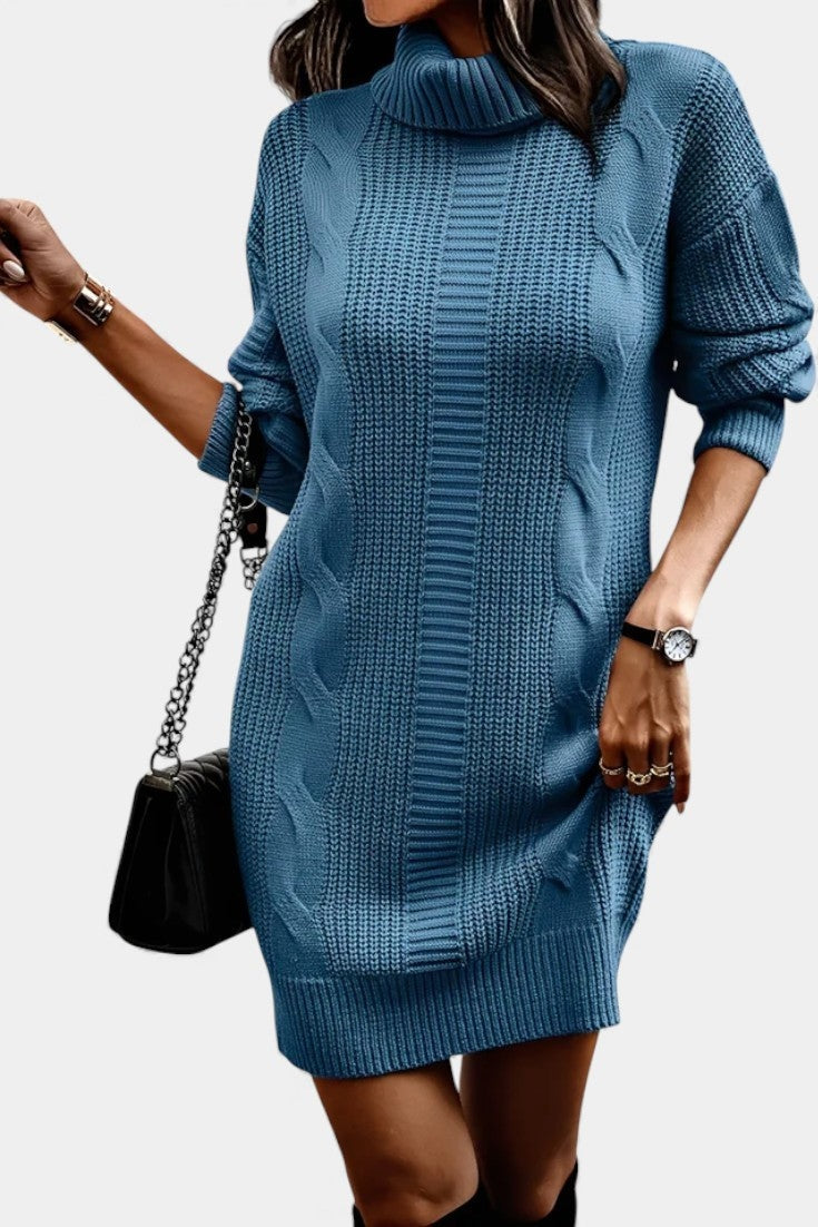 Priska | Strickkleid Mini mit Rollkragen und Zopfmuster Damen Langarm