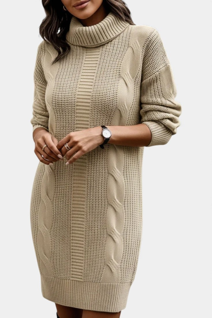 Priska | Strickkleid Mini mit Rollkragen und Zopfmuster Damen Langarm