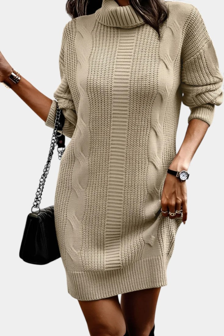Priska | Strickkleid Mini mit Rollkragen und Zopfmuster Damen Langarm