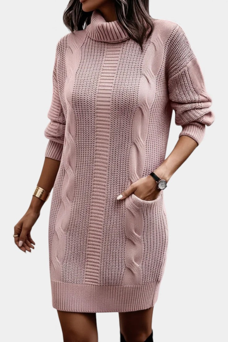 Priska | Strickkleid Mini mit Rollkragen und Zopfmuster Damen Langarm