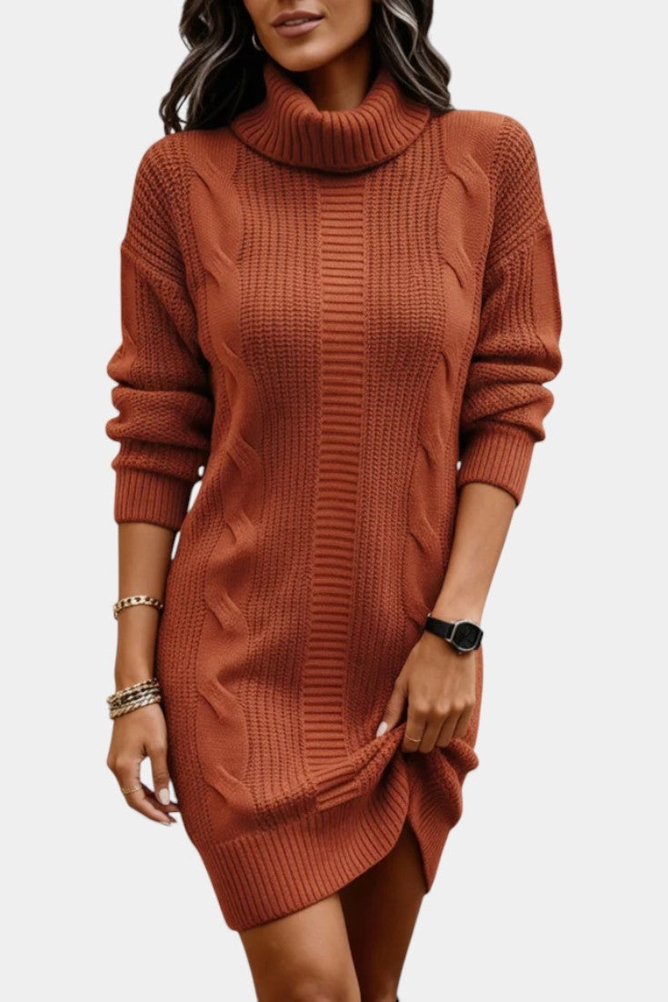 Priska | Strickkleid Mini mit Rollkragen und Zopfmuster Damen Langarm