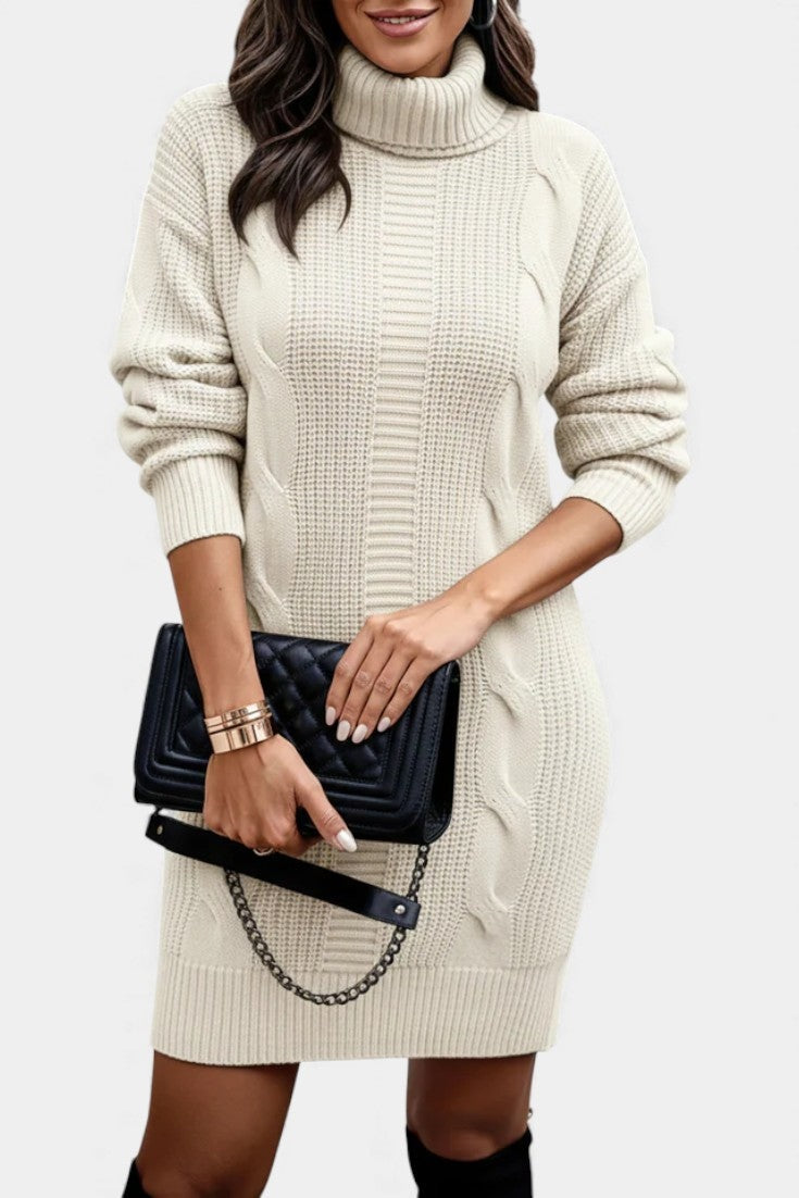 Priska | Strickkleid Mini mit Rollkragen und Zopfmuster Damen Langarm