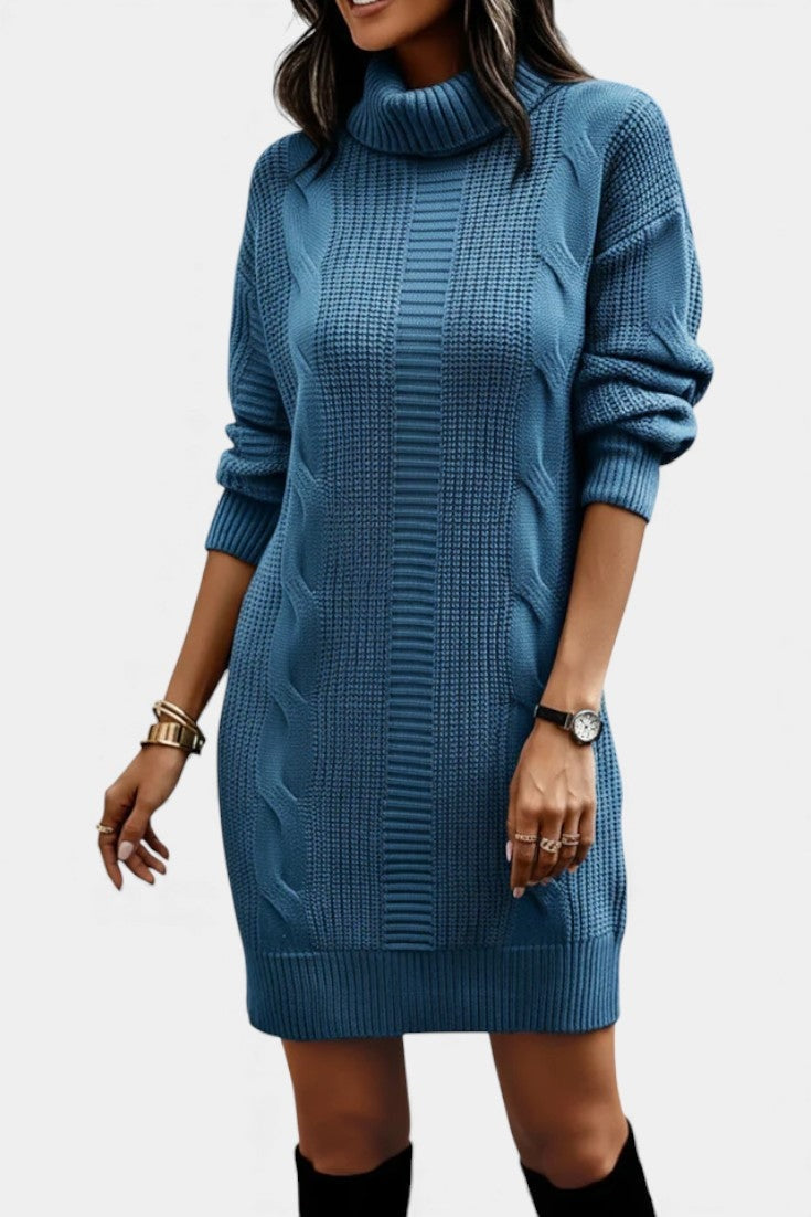 Priska | Strickkleid Mini mit Rollkragen und Zopfmuster Damen Langarm
