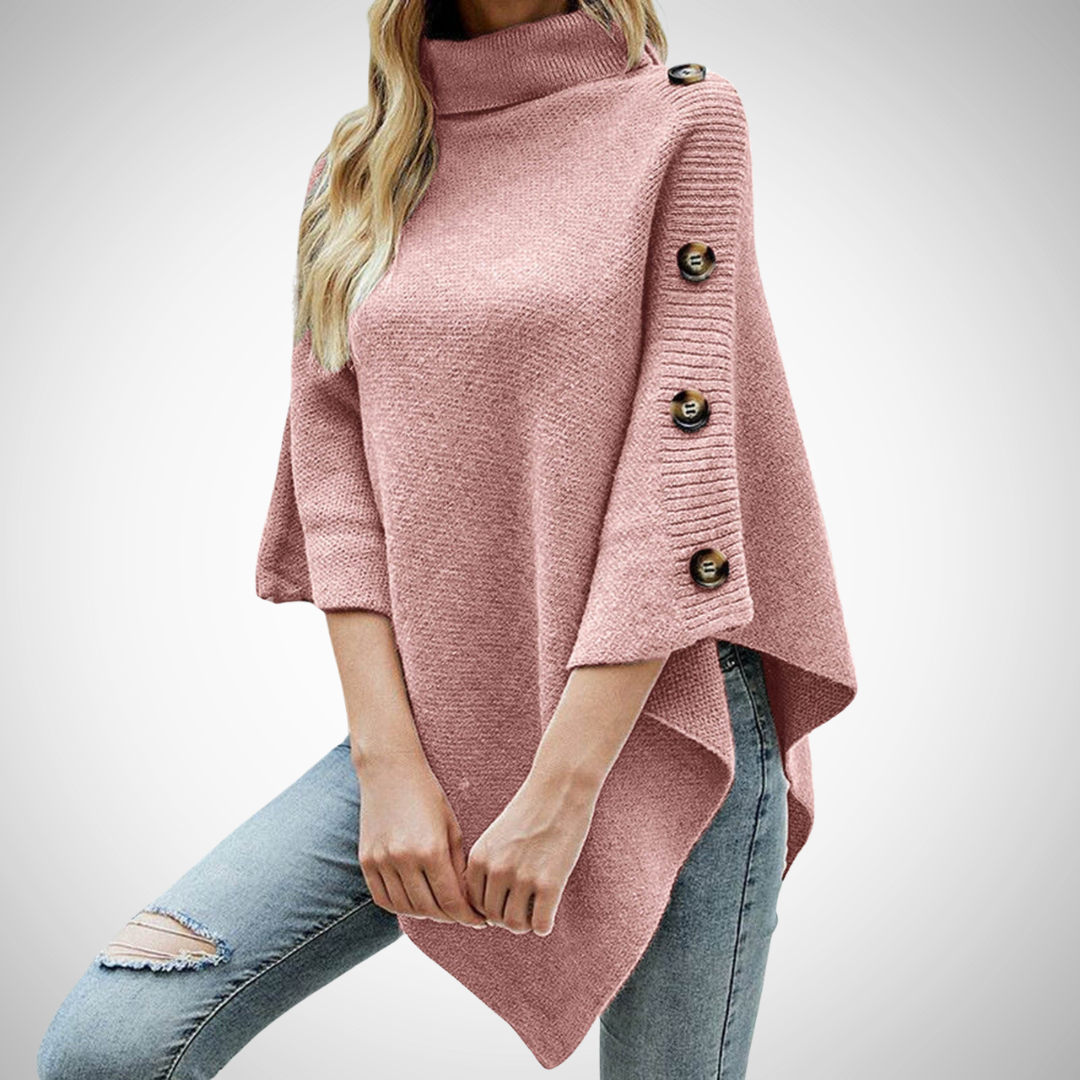 Ronja | Strick Poncho Damen Rollkragen Knopfdetail