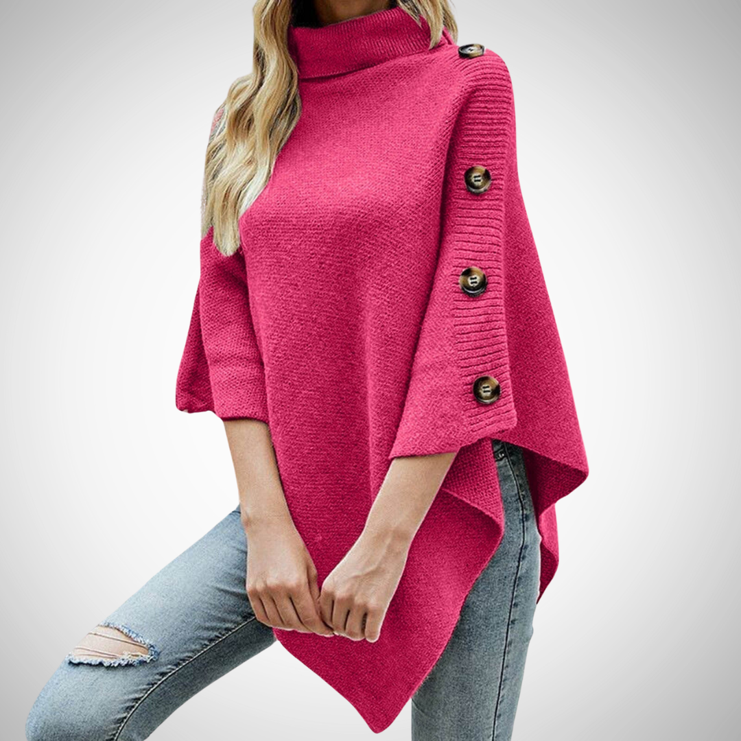 Ronja | Strick Poncho Damen Rollkragen Knopfdetail