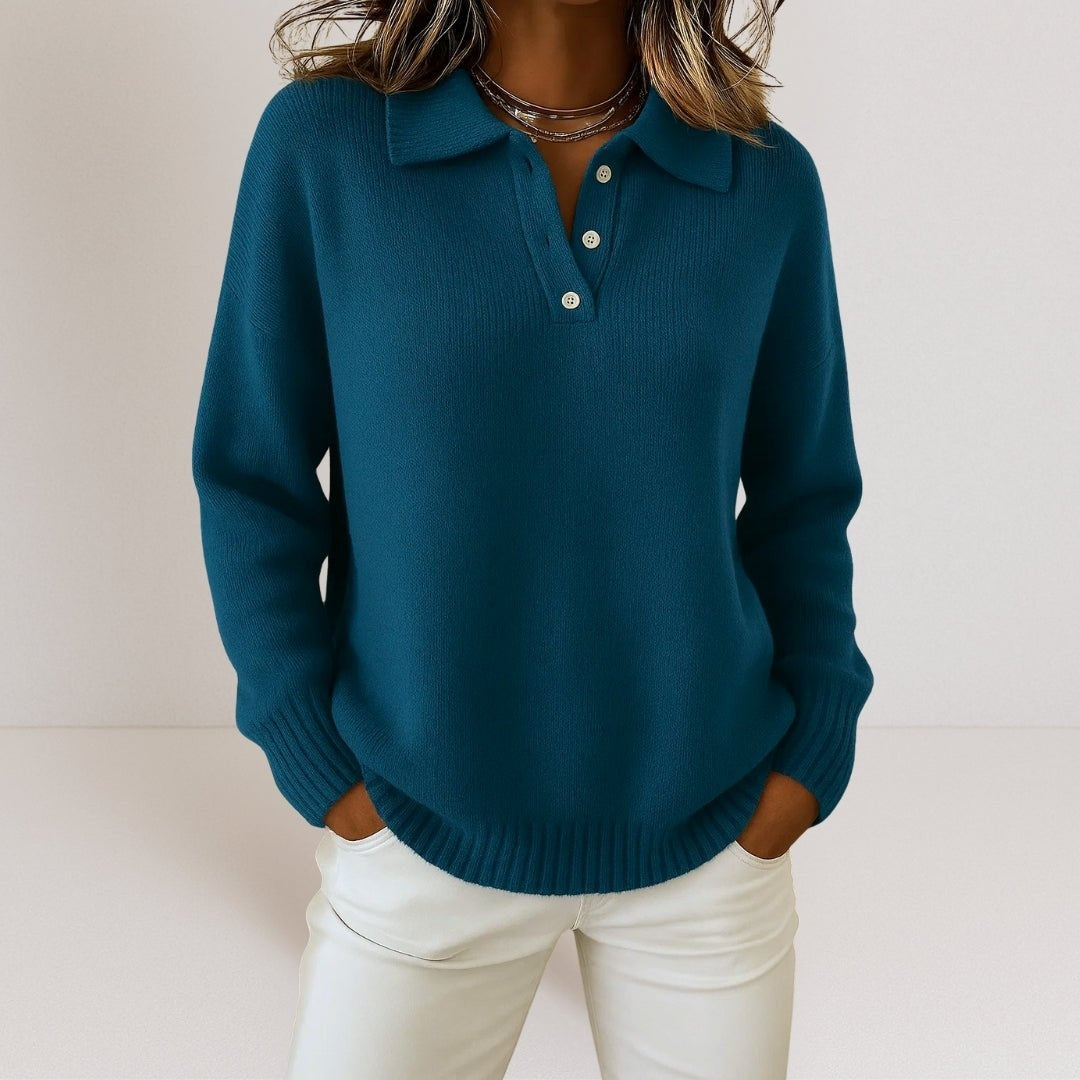 Salome | Strickpullover mit Polokragen und Knopfleiste Damen Gerippter Saum