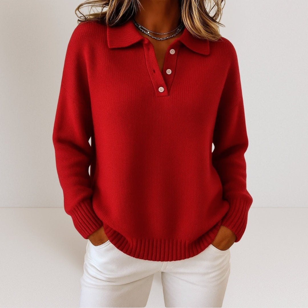 Salome | Strickpullover mit Polokragen und Knopfleiste Damen Gerippter Saum