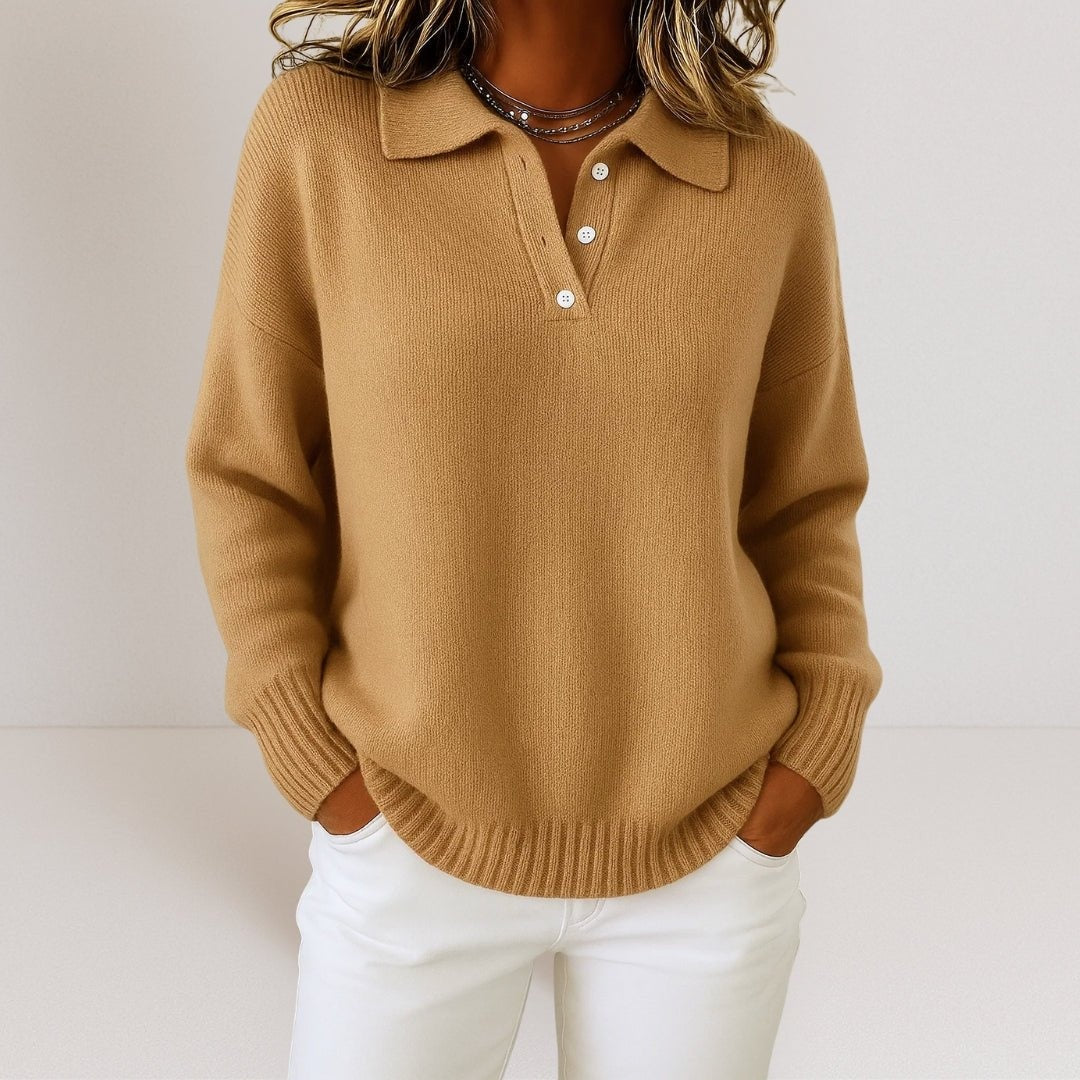 Salome | Strickpullover mit Polokragen und Knopfleiste Damen Gerippter Saum