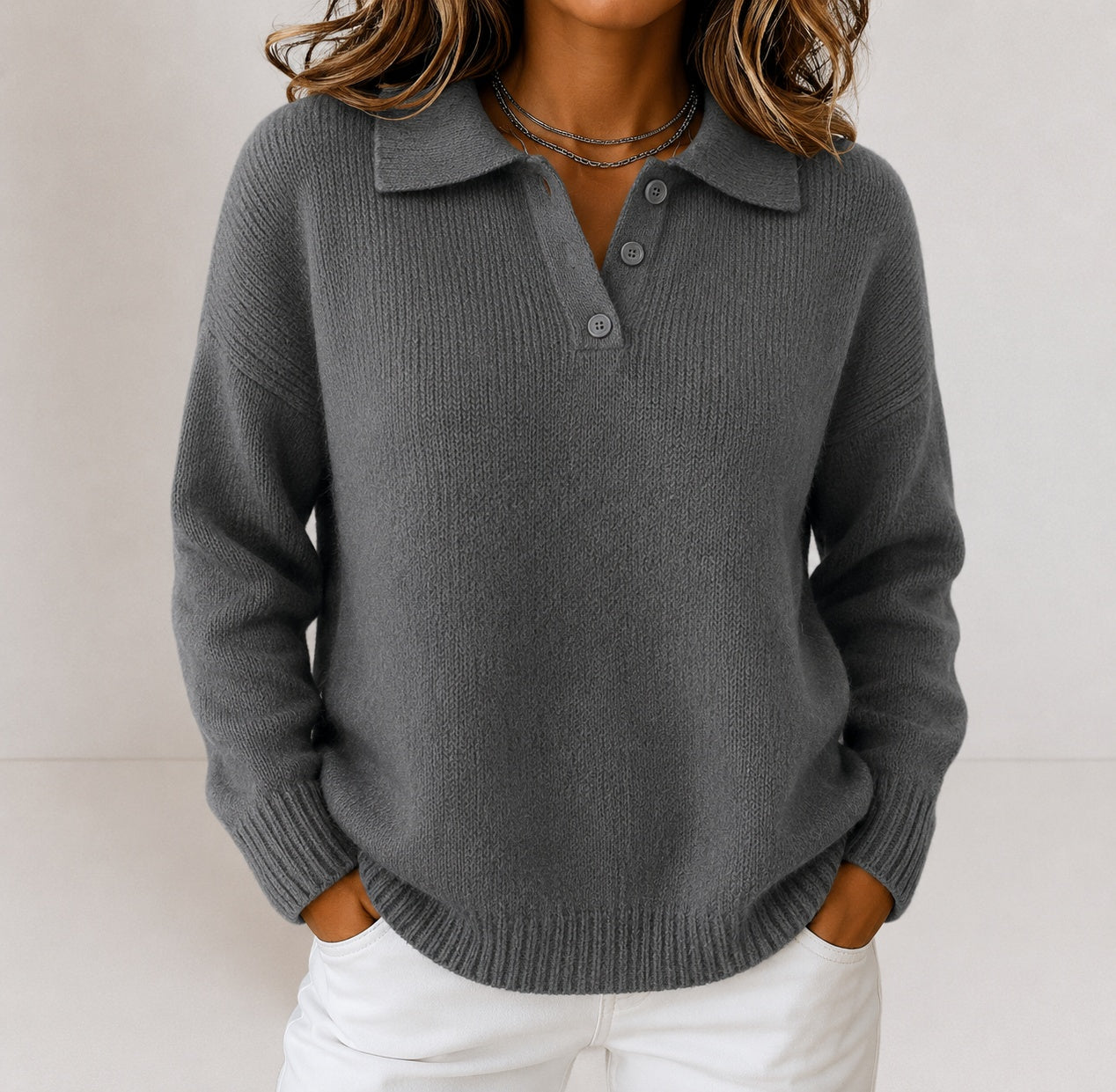 Salome | Strickpullover mit Polokragen und Knopfleiste Damen Gerippter Saum