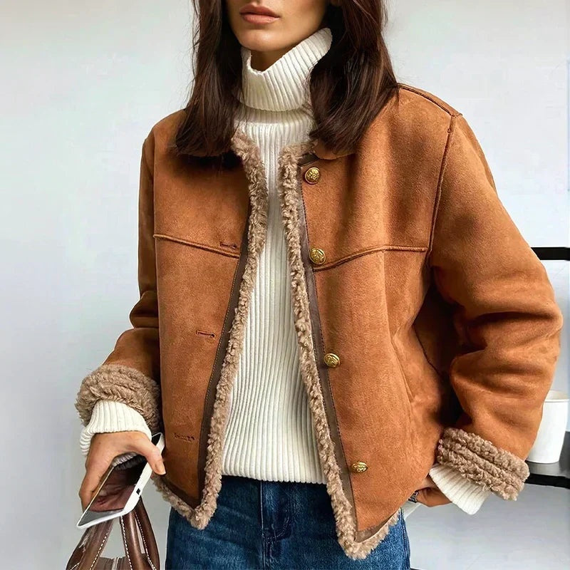 Sophia | Lammfell Jacke Damen Wildleder Gefüttert Knöpfe