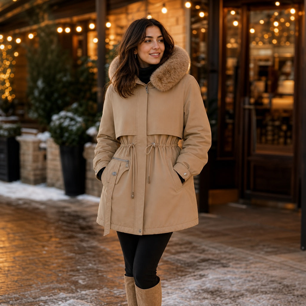 Sophia | Parka Damen mit Kunstfell Kapuze Tailliert