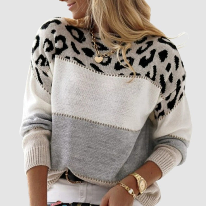 Sophia | Pullover Damen Strick Leopardenmuster Rundhals Langarm
