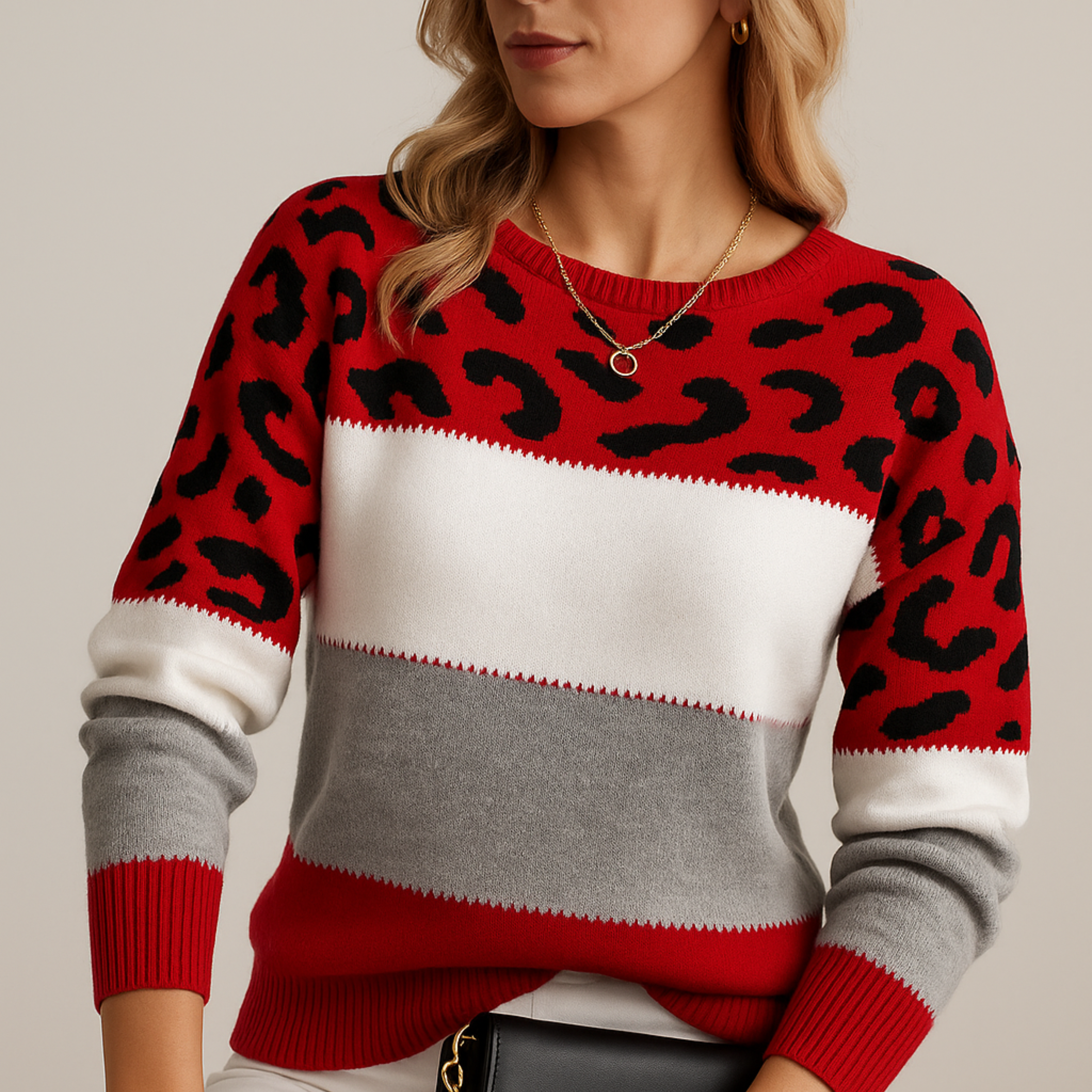 Sophia | Pullover Damen Strick Leopardenmuster Rundhals Langarm