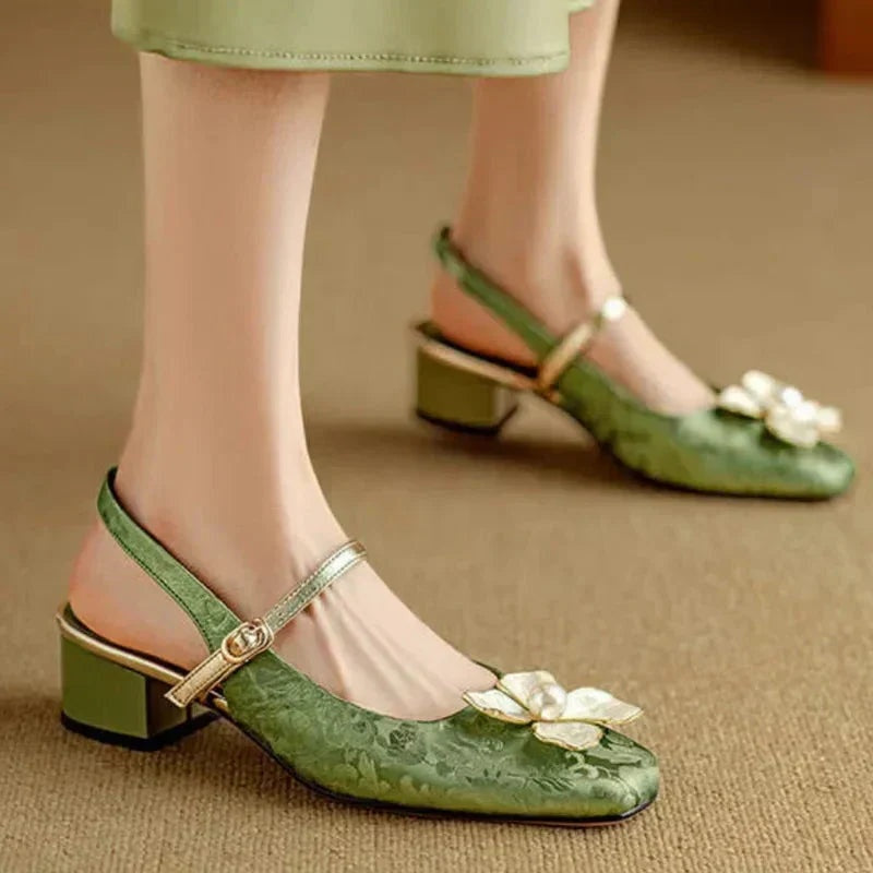 Sophia | Pumps Damen Slingback Blockabsatz Blumendetail