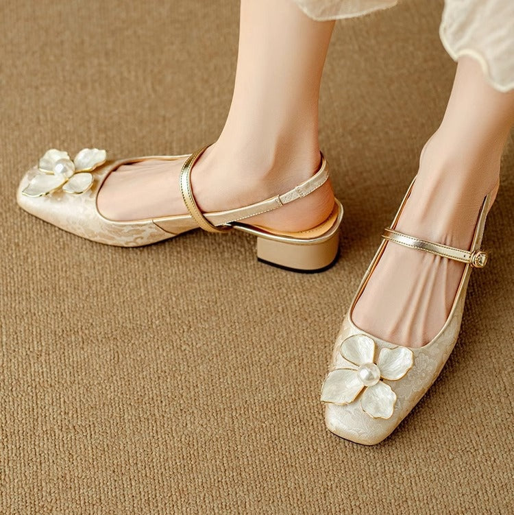 Sophia | Pumps Damen Slingback Blockabsatz Blumendetail