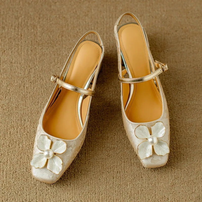 Sophia | Pumps Damen Slingback Blockabsatz Blumendetail