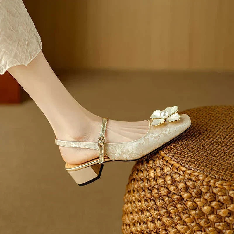 Sophia | Pumps Damen Slingback Blockabsatz Blumendetail