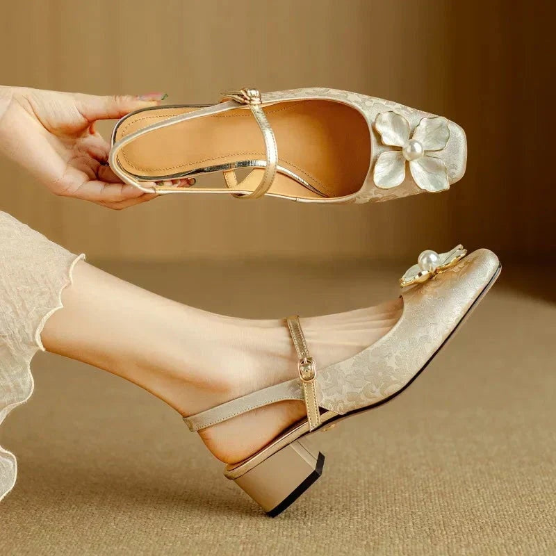 Sophia | Pumps Damen Slingback Blockabsatz Blumendetail
