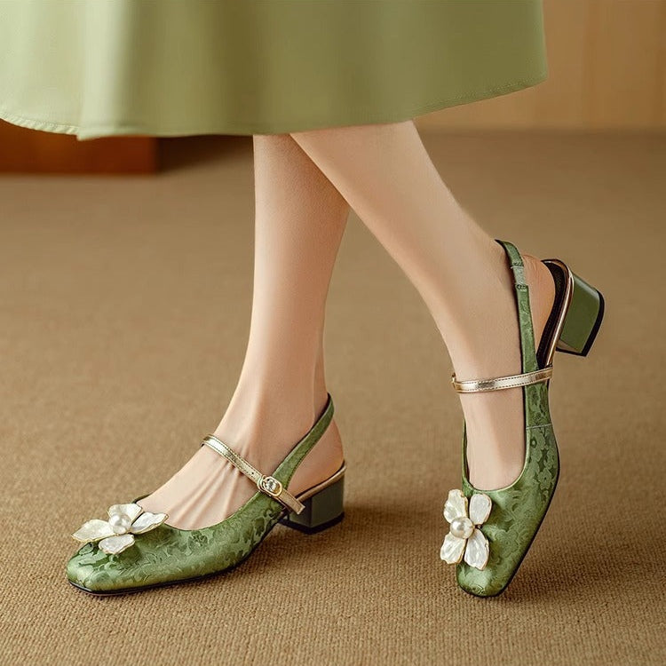 Sophia | Pumps Damen Slingback Blockabsatz Blumendetail