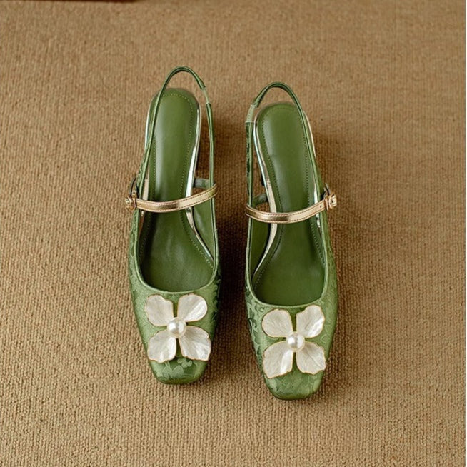 Sophia | Pumps Damen Slingback Blockabsatz Blumendetail