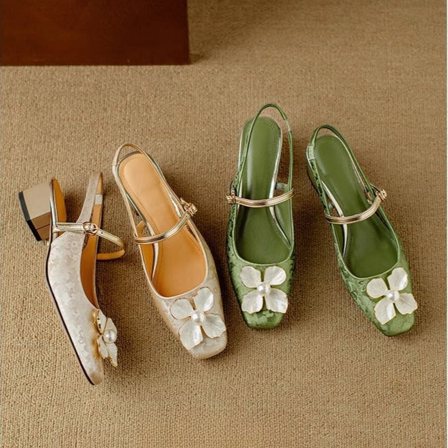 Sophia | Pumps Damen Slingback Blockabsatz Blumendetail