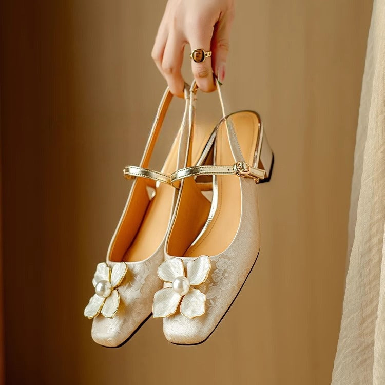 Sophia | Pumps Damen Slingback Blockabsatz Blumendetail