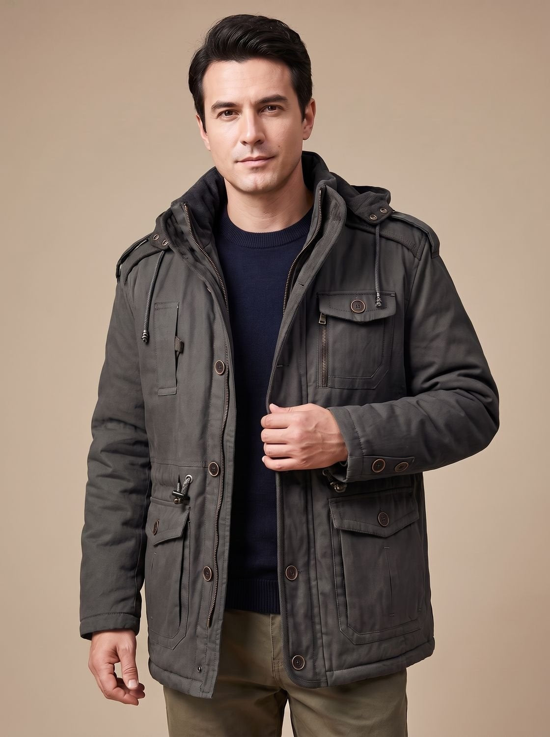 Tobias | Parka Herren mit Kapuze Gefüttert Anorak Outdoor Taschen