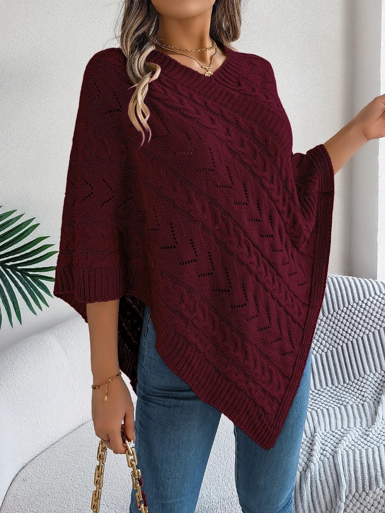 Ursina | Poncho Strick Damen Zopfmuster Asymmetrisch