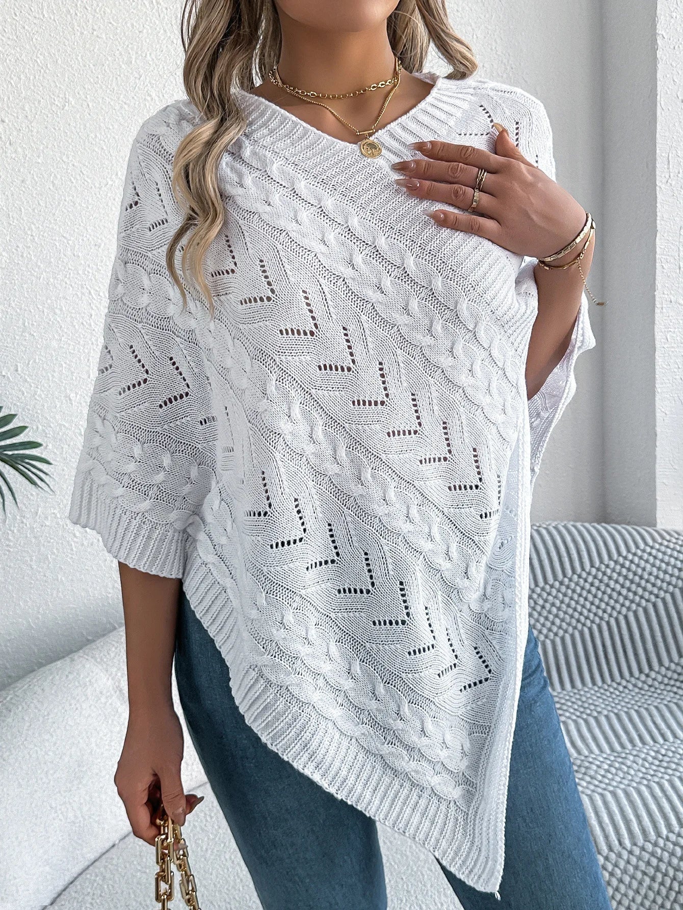 Ursina | Poncho Strick Damen Zopfmuster Asymmetrisch