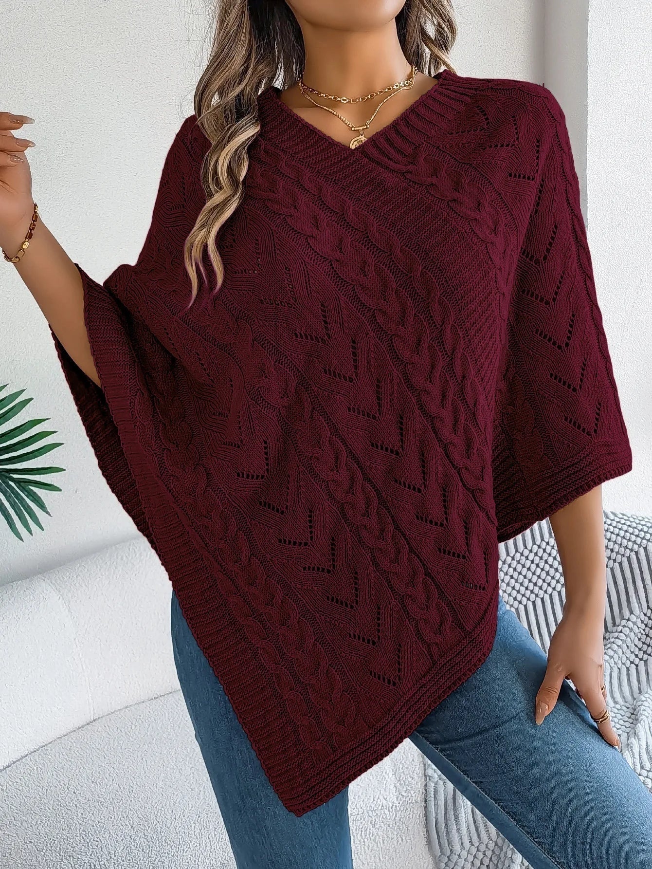 Ursina | Poncho Strick Damen Zopfmuster Asymmetrisch