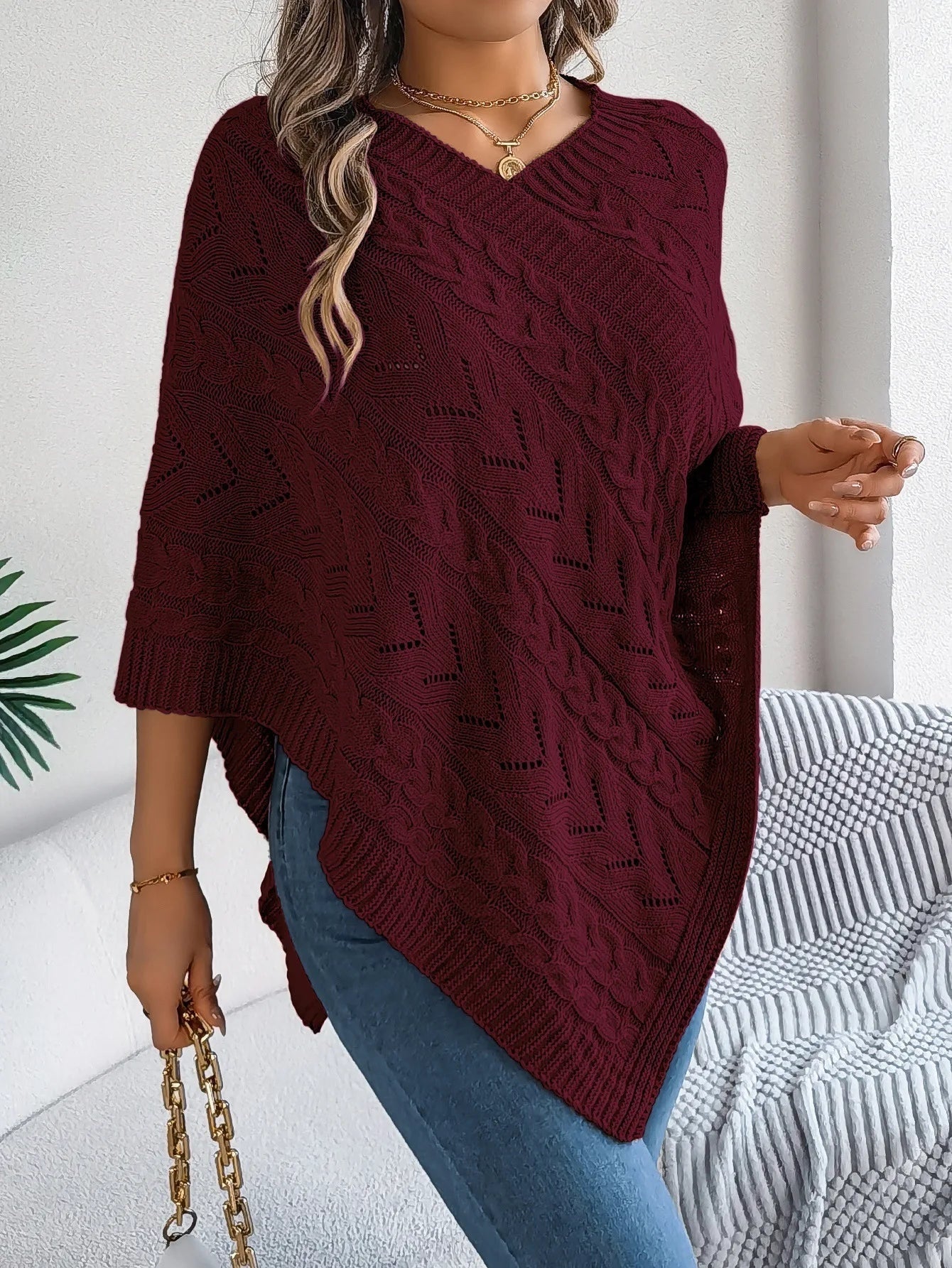 Ursina | Poncho Strick Damen Zopfmuster Asymmetrisch
