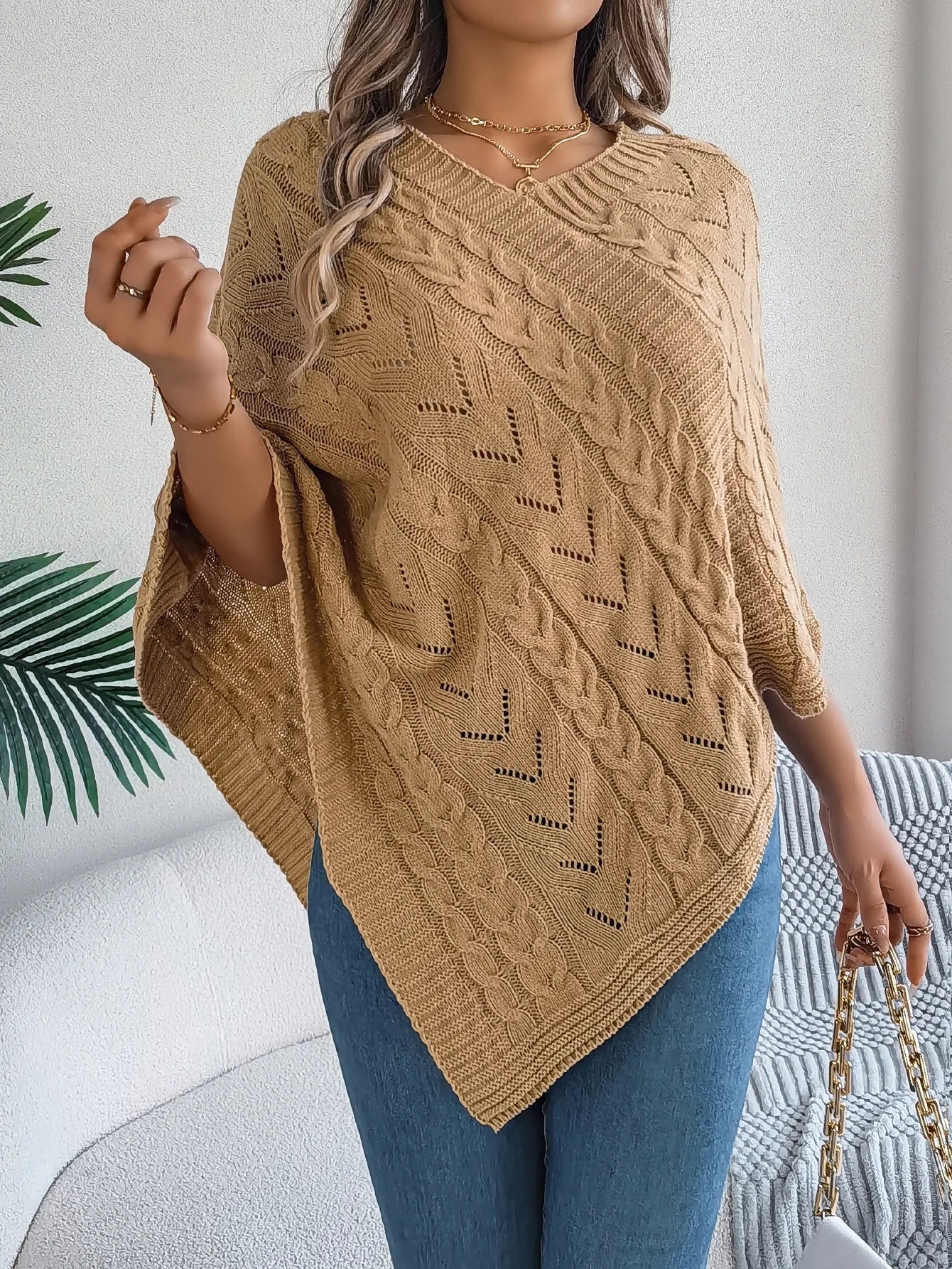 Ursina | Poncho Strick Damen Zopfmuster Asymmetrisch
