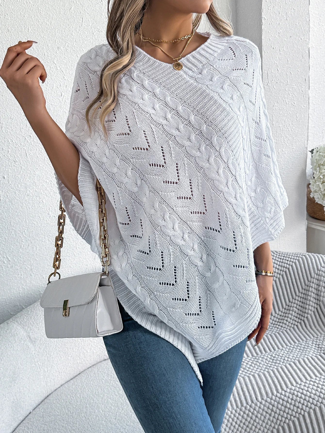 Ursina | Poncho Strick Damen Zopfmuster Asymmetrisch