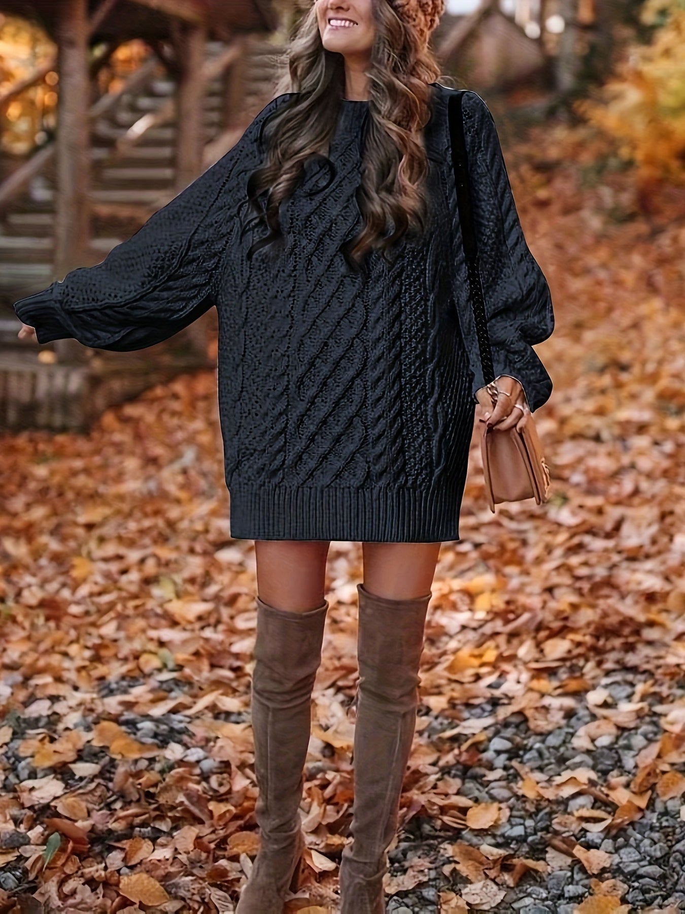 Ursina | Strickkleid mit Zopfmuster Damen Oversize Ballonärmel
