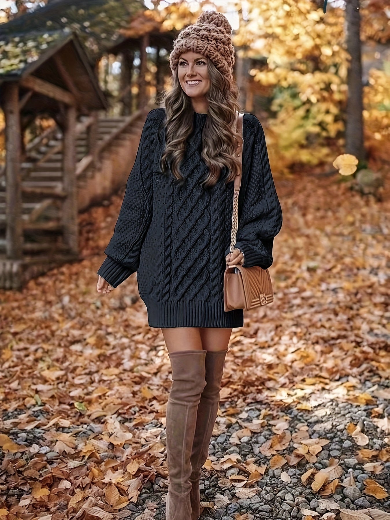 Ursina | Strickkleid mit Zopfmuster Damen Oversize Ballonärmel