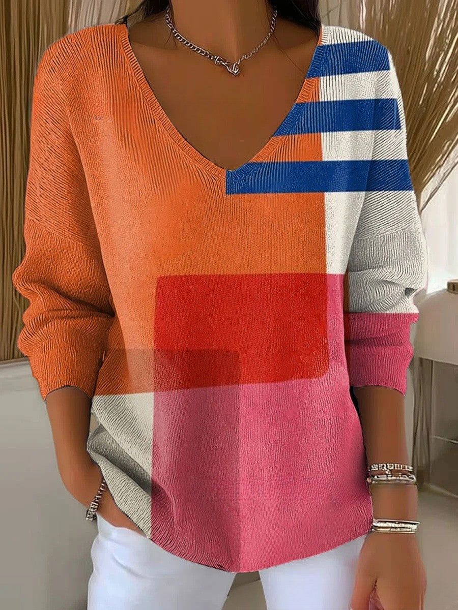 Valerie | Pullover Damen V-Ausschnitt Geometrisches Muster Langarm