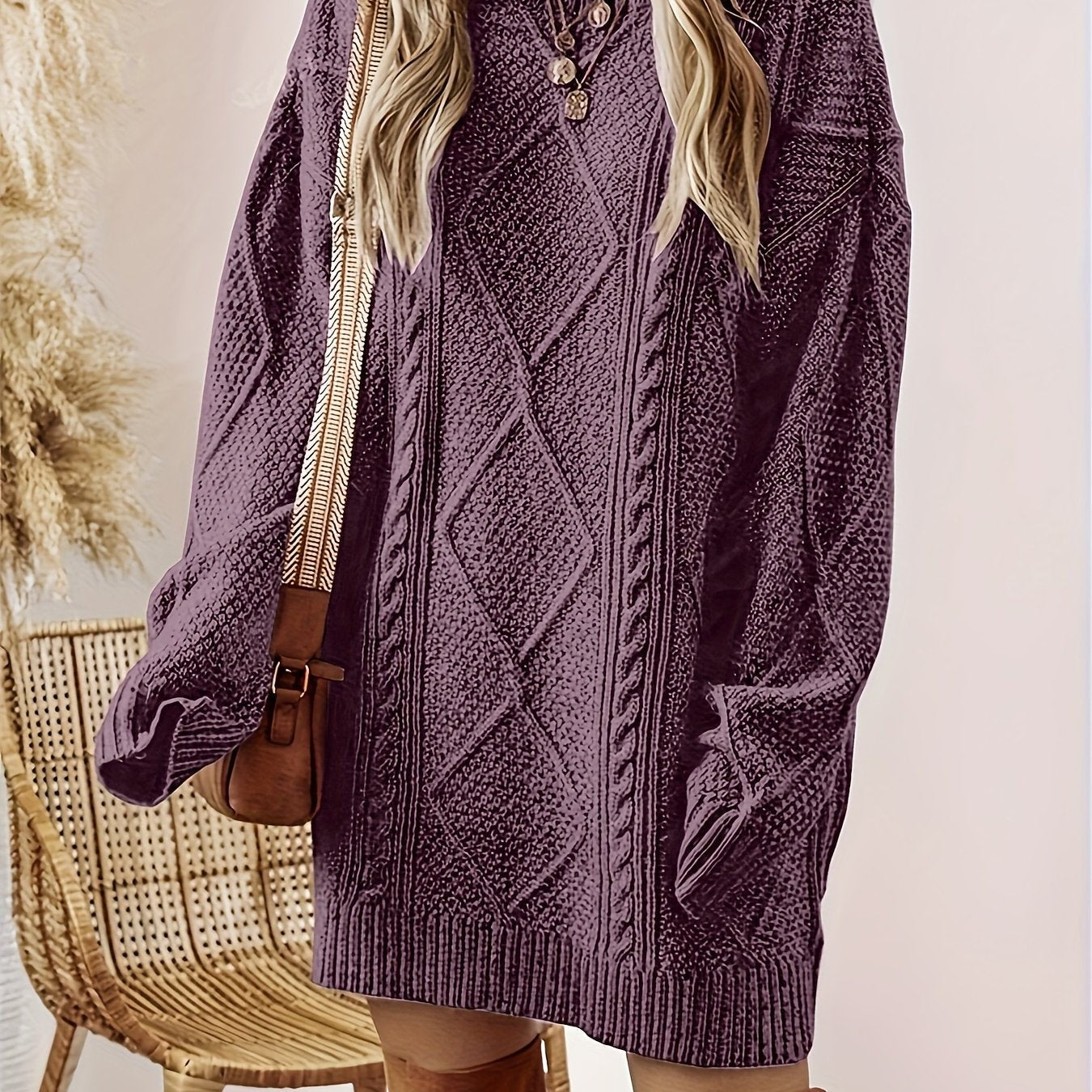 Verena | Strickkleid mit Zopfmuster Damen Langarm Oversize Rundhals
