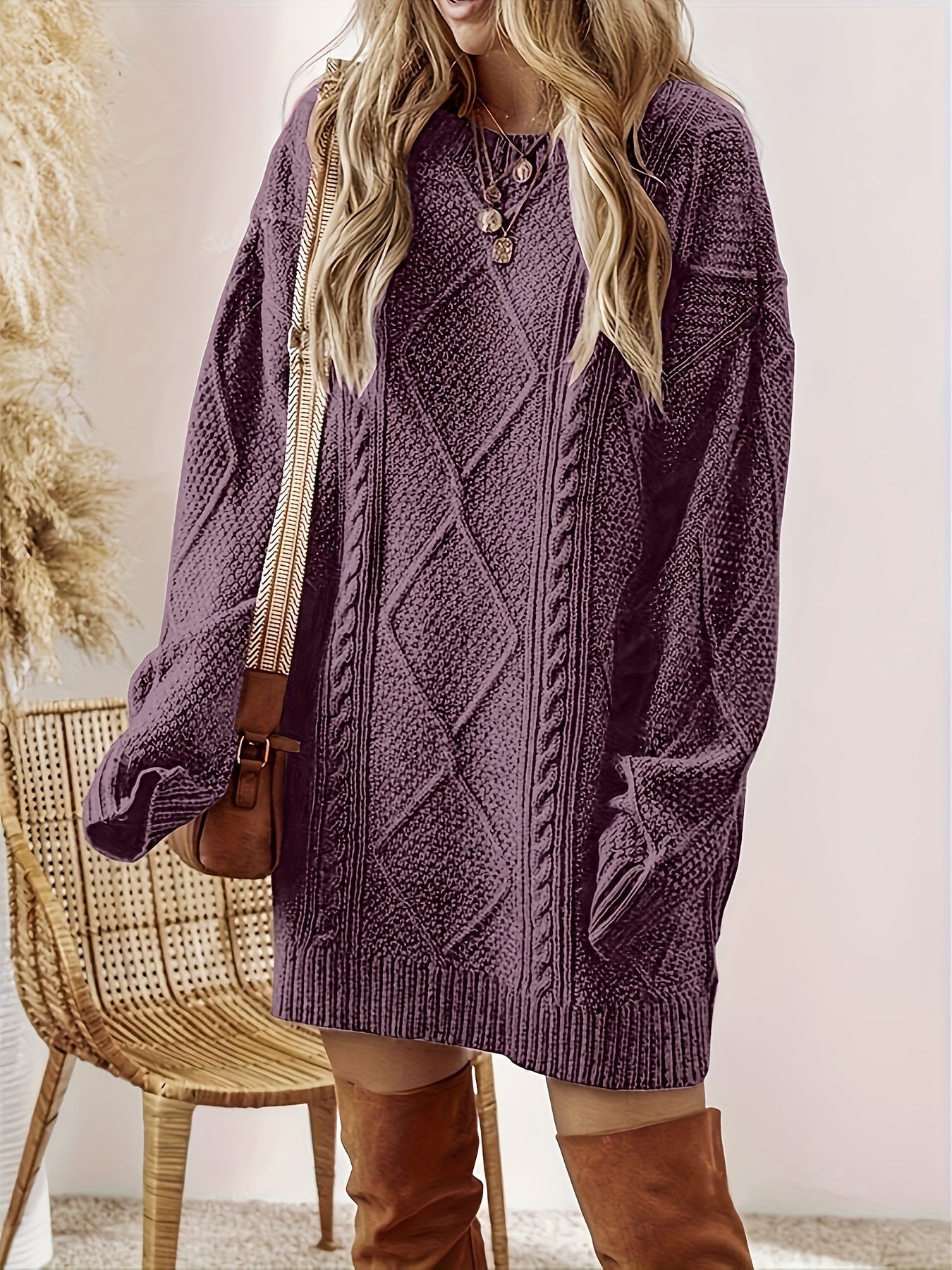 Verena | Strickkleid mit Zopfmuster Damen Langarm Oversize Rundhals