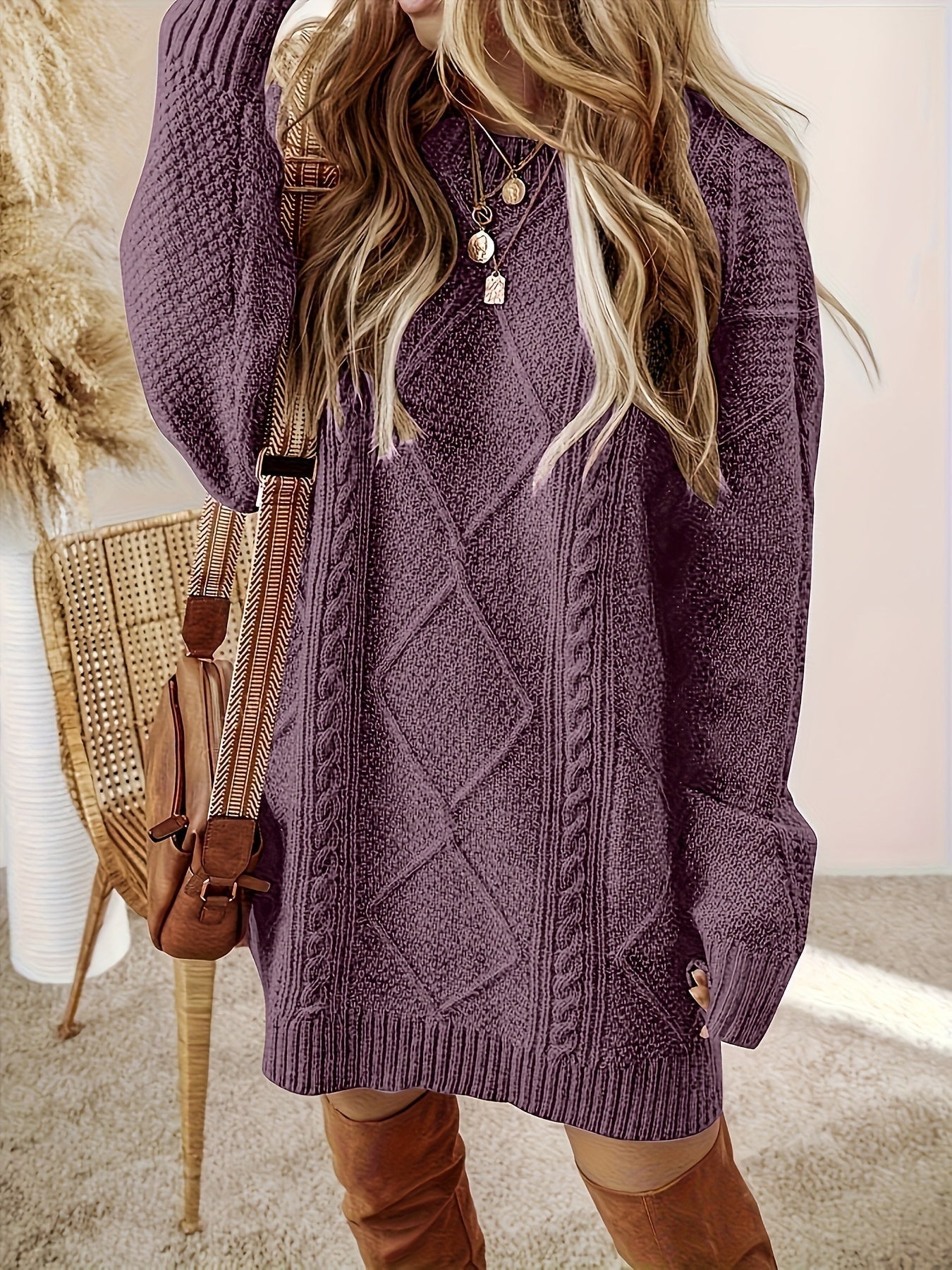 Verena | Strickkleid mit Zopfmuster Damen Langarm Oversize Rundhals