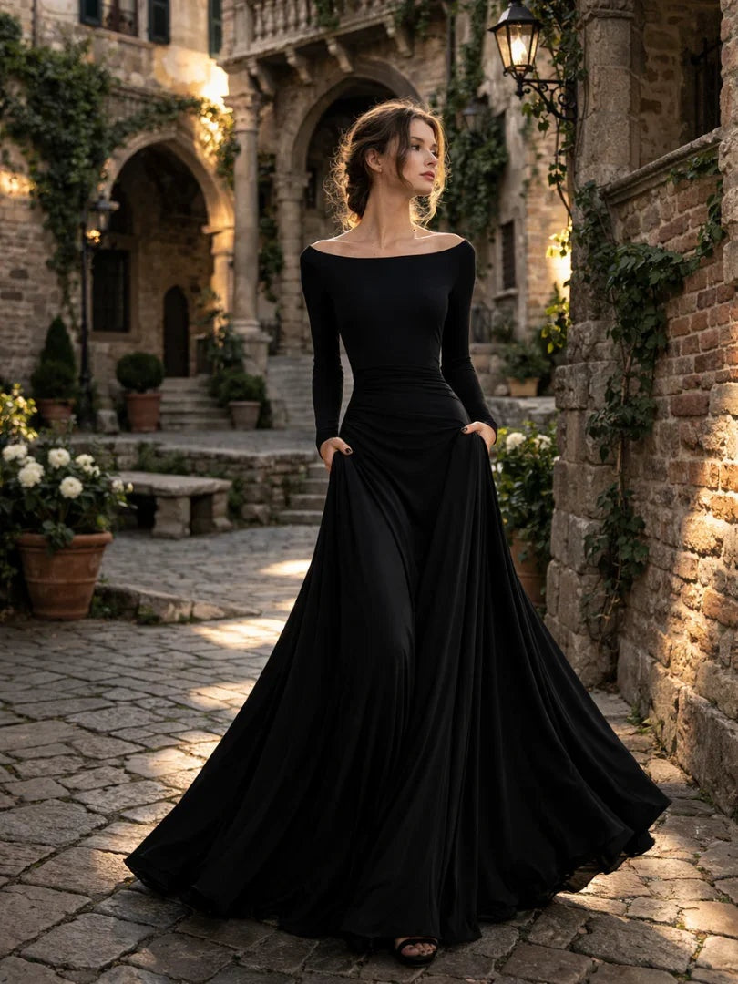 Viktoria | Maxikleid Standesamt Damen Lange Ärmel Bootsausschnitt